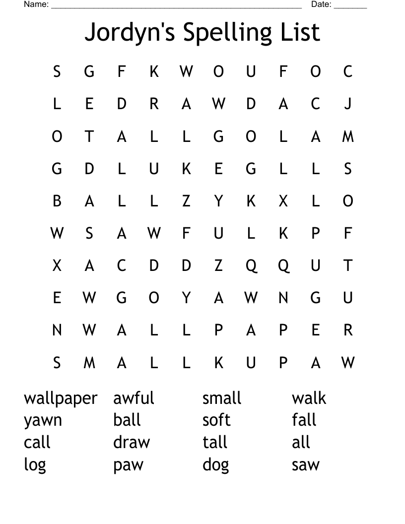 Jordyn's Spelling List Word Search