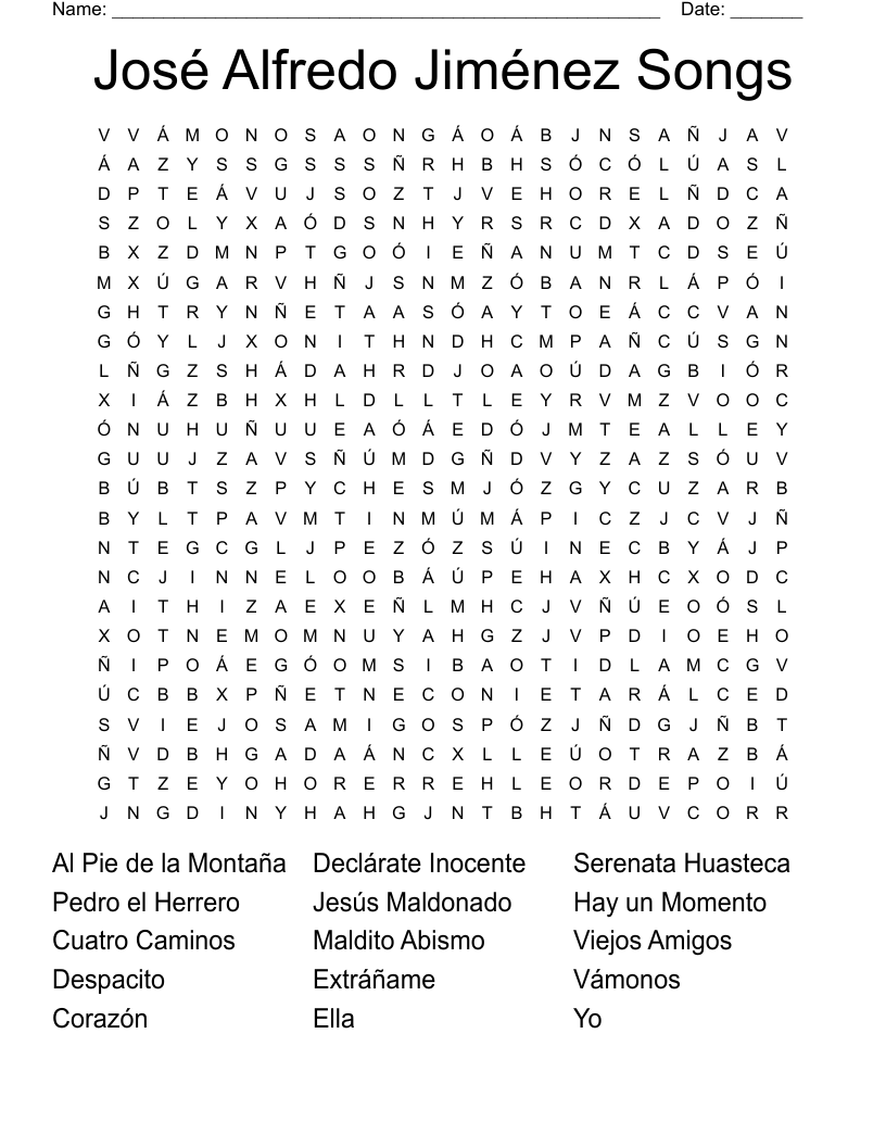 José Alfredo Jiménez Songs Word Search