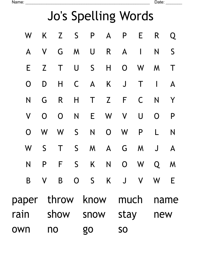 Jo's Spelling Words Word Search