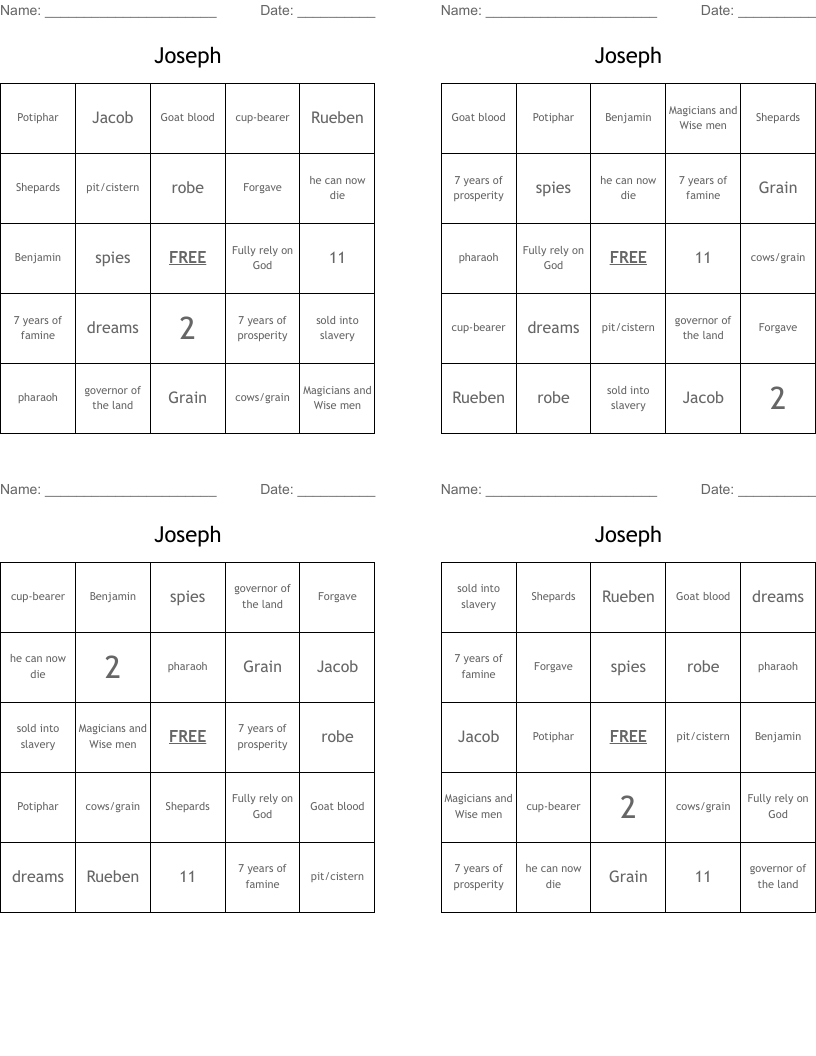 Joseph Bingo Cards