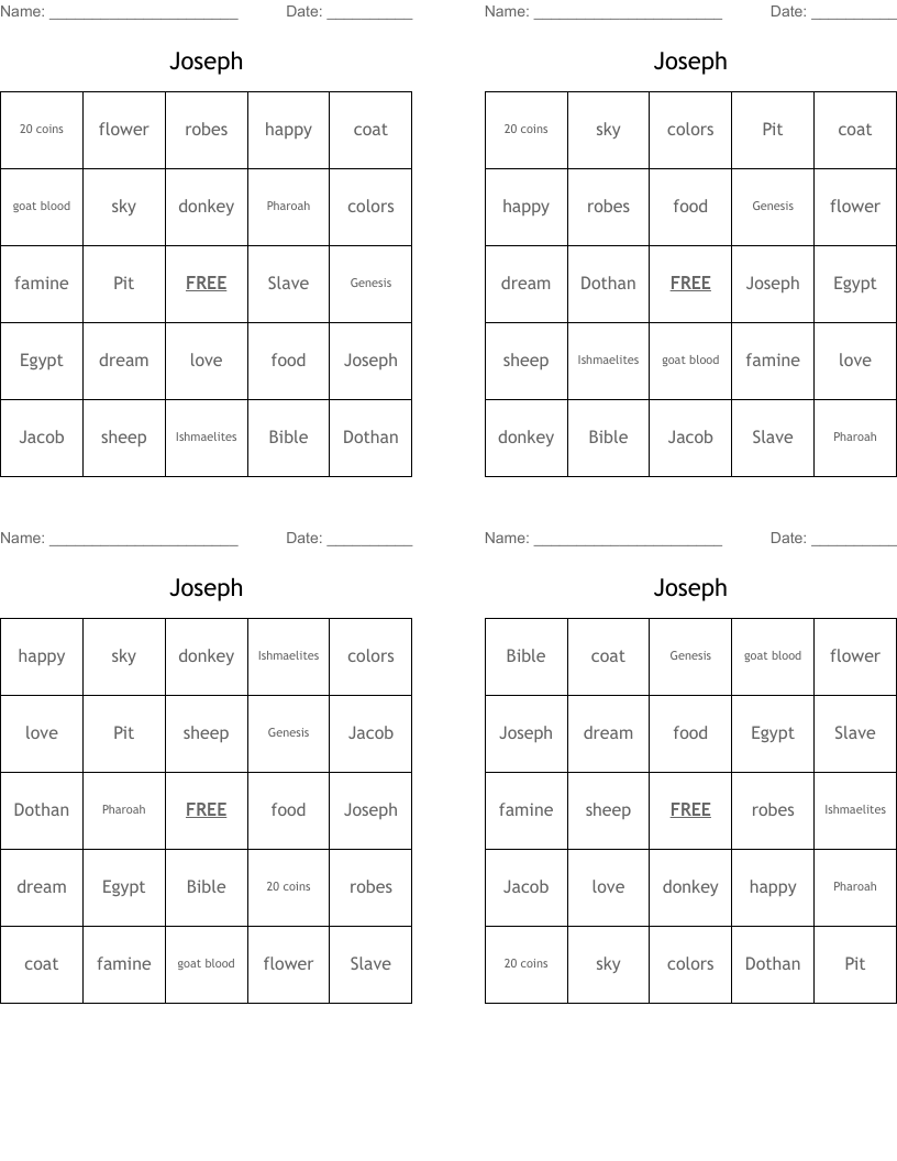 Joseph Bingo Cards