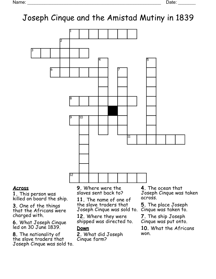 Joseph Cinque and the Amistad Mutiny in 1839 Crossword
