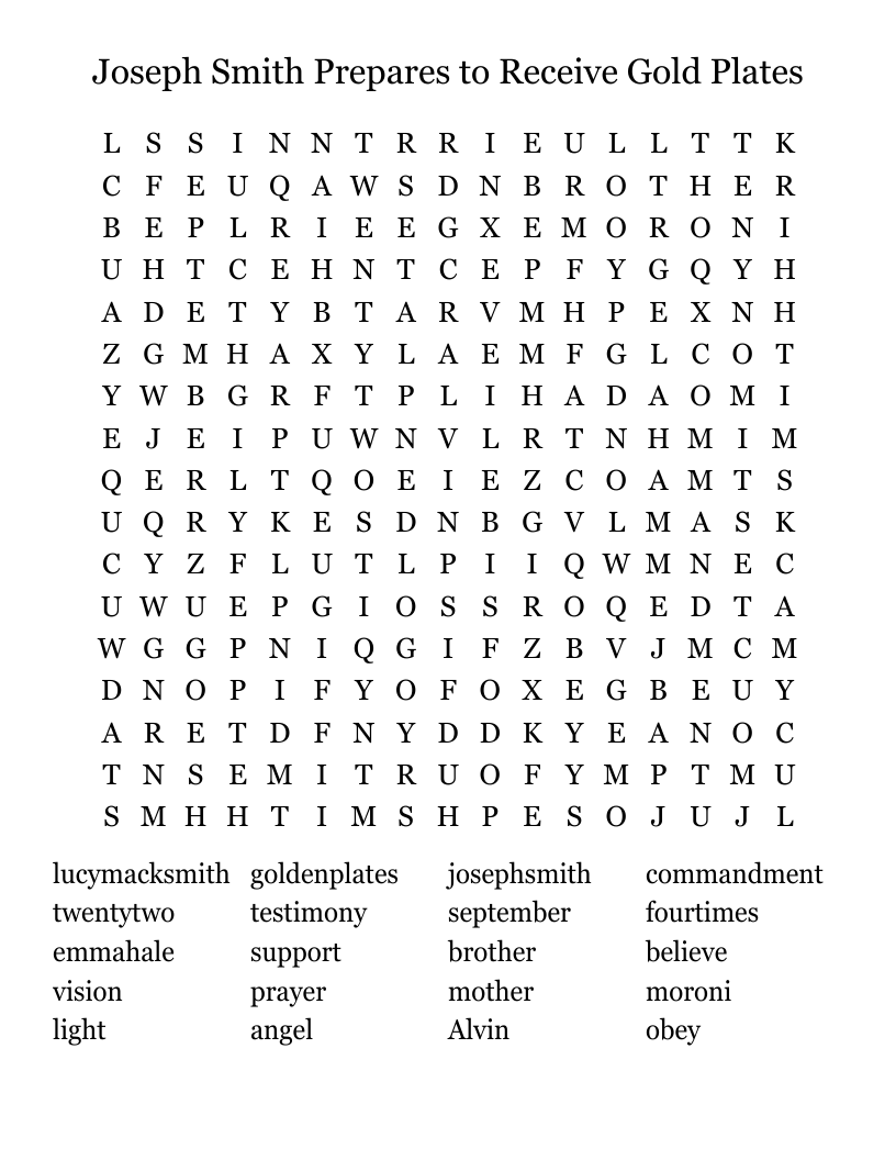 Joseph Smith Prepares to Receive Gold Plates Word Search