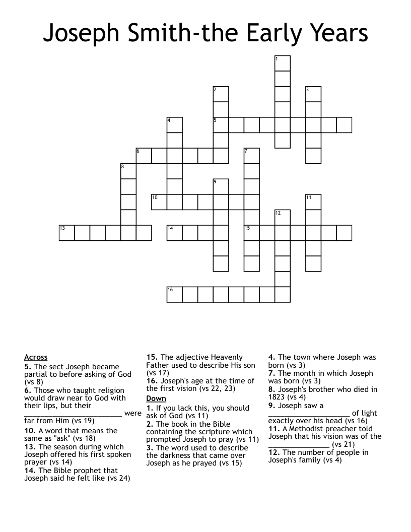 Joseph Smith-the Early Years Crossword