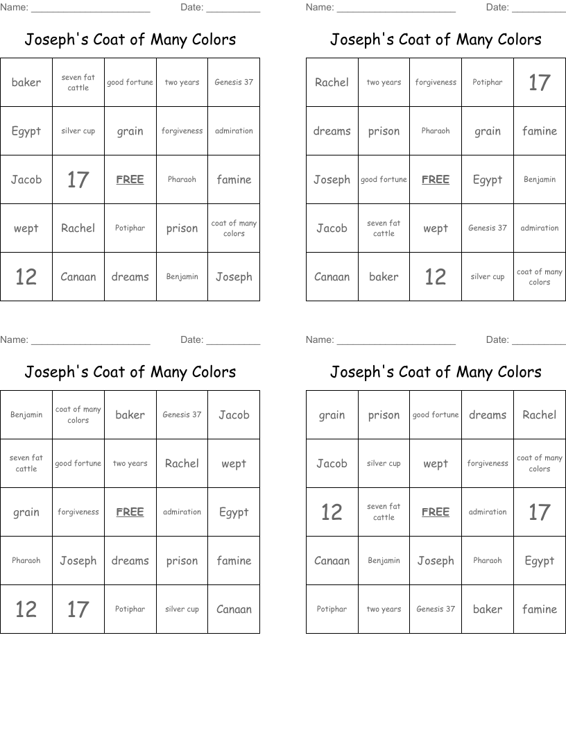Joseph's Coat of Many Colors Bingo Cards