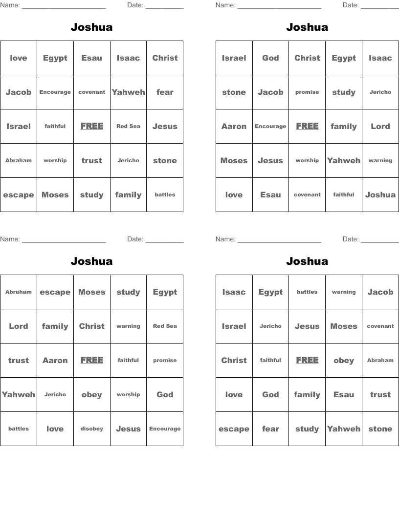 Joshua Bingo Cards