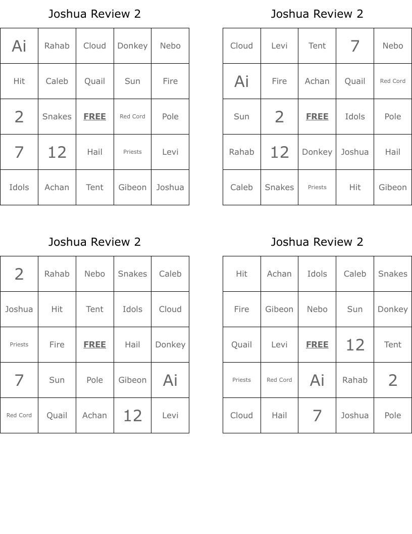 Joshua Review 2 Bingo Cards