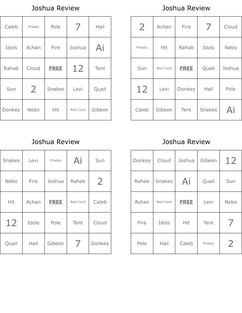 Joshua Review  Bingo Cards