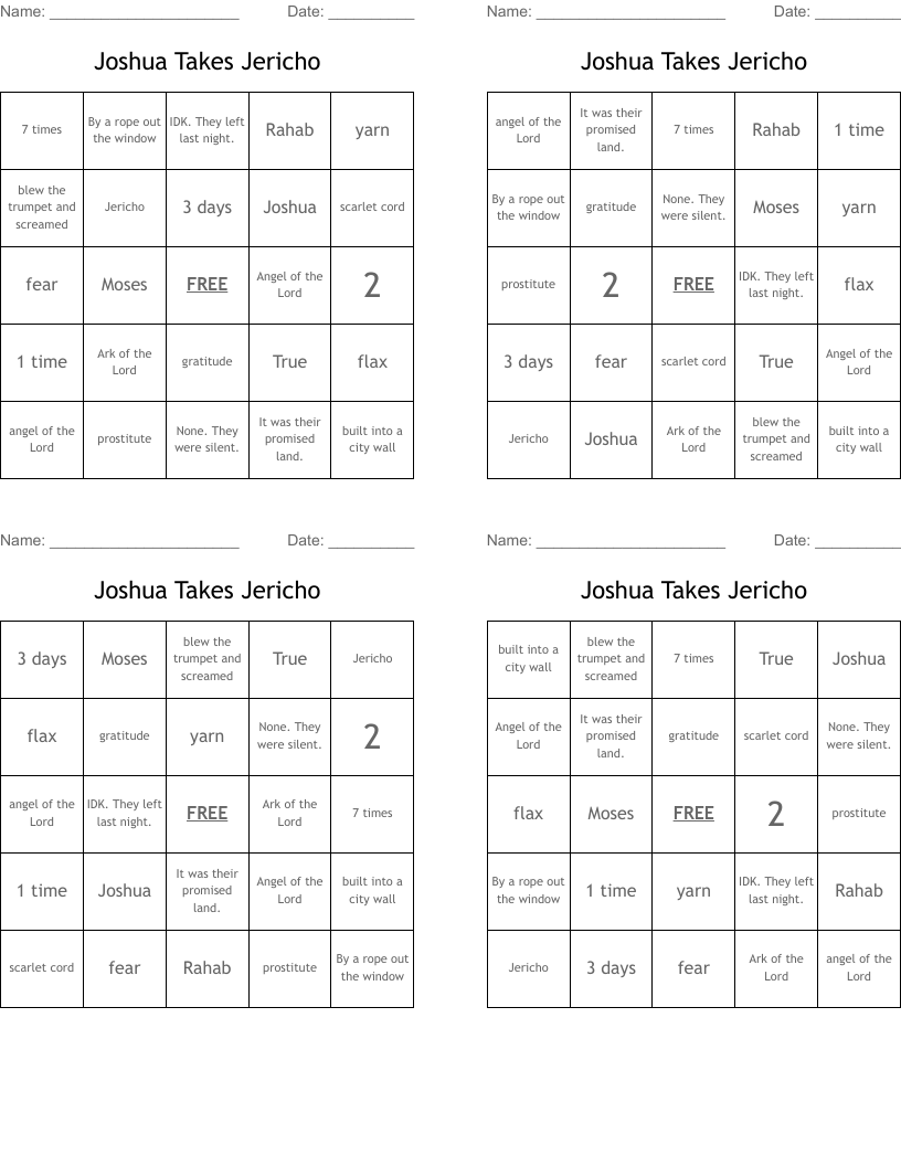 Joshua Takes Jericho Bingo Cards