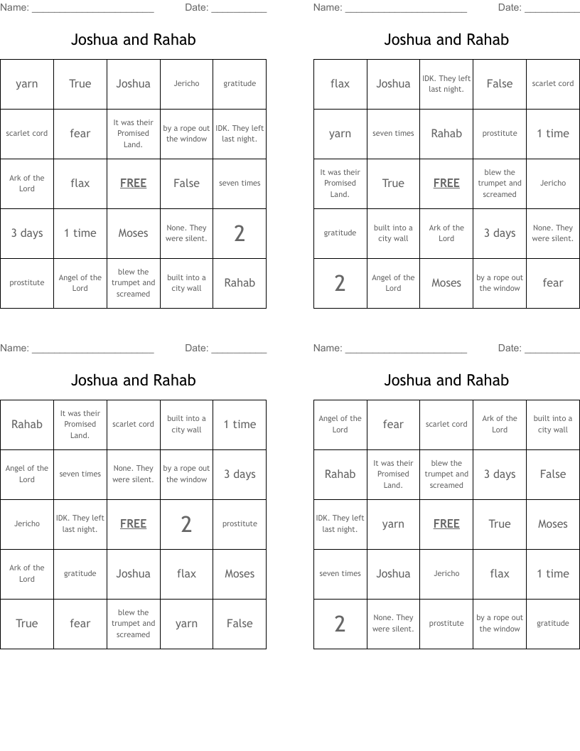 Joshua and Rahab Bingo Cards