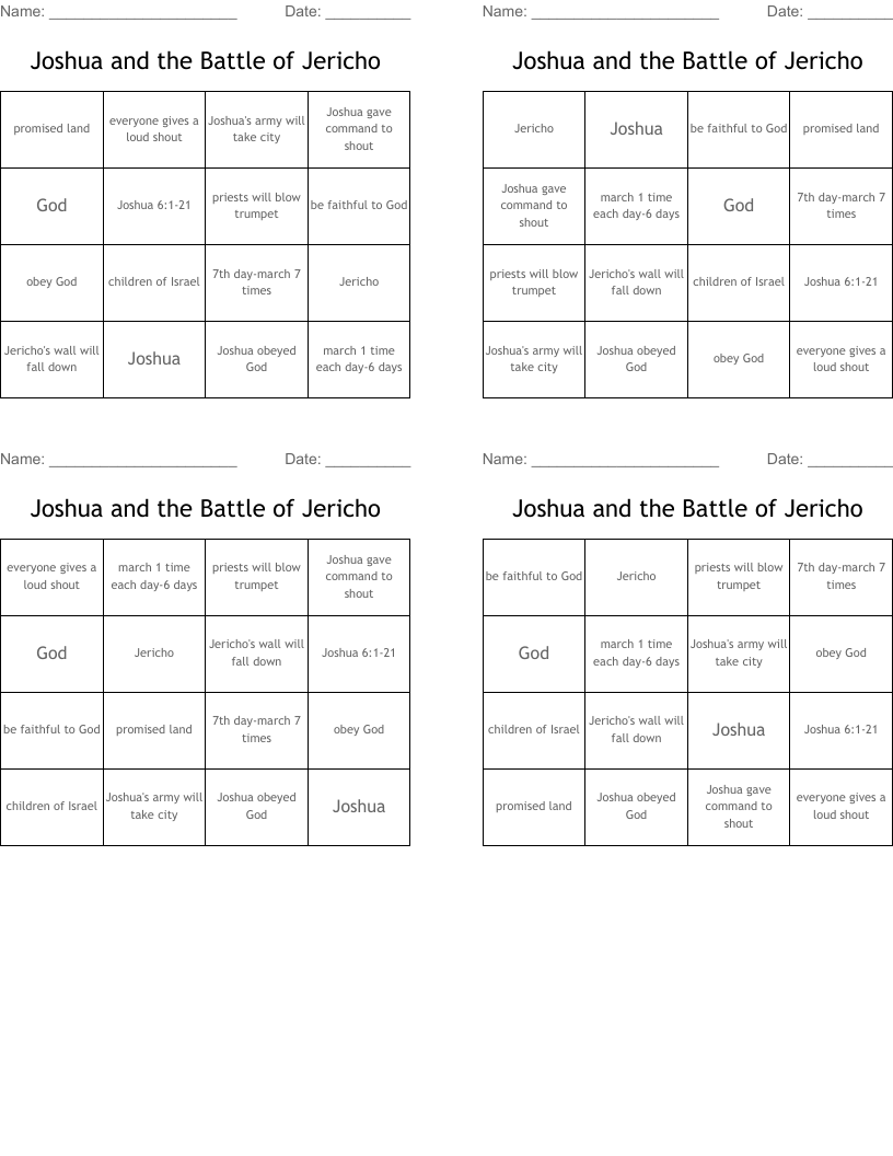 Joshua and the Battle of Jericho Bingo Cards