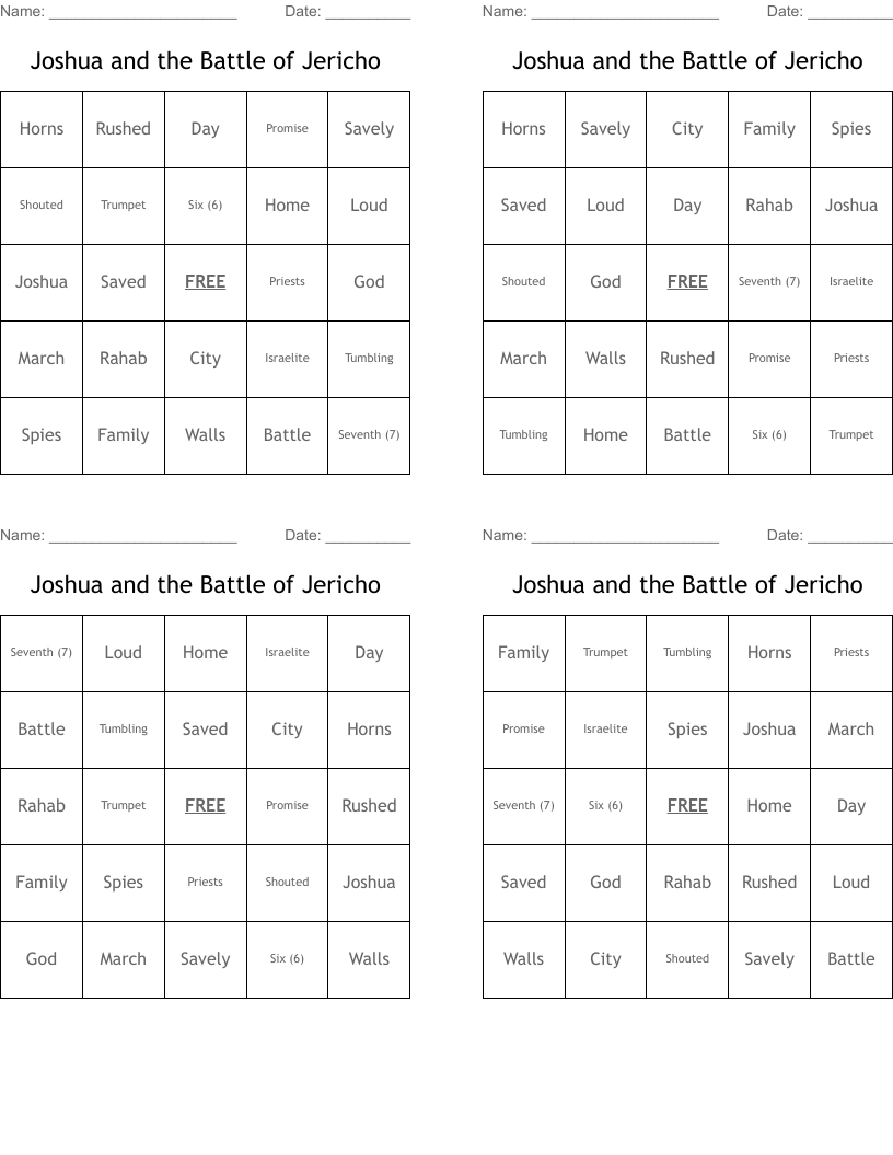 Joshua and the Battle of Jericho Bingo Cards