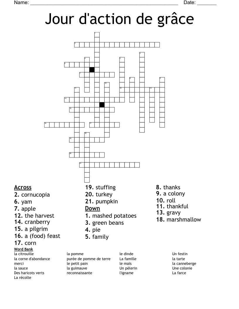 Jour d'action de grâce Crossword