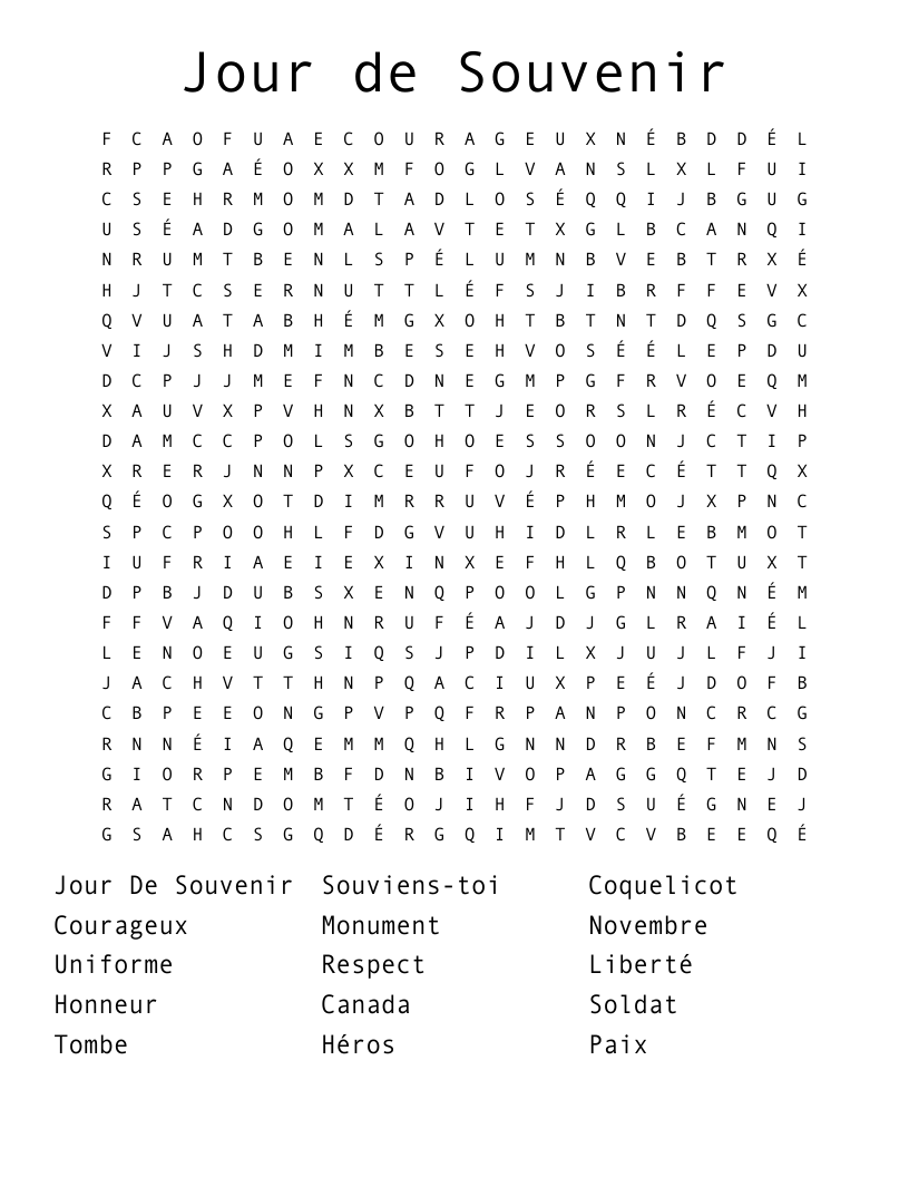 Jour de Souvenir Word Search