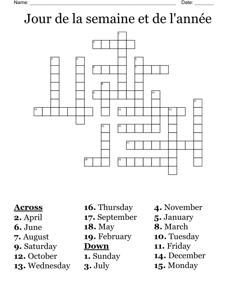 Jour de la semaine et de l'année Crossword