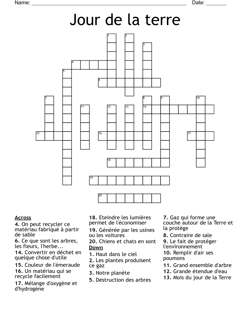 Jour de la terre Crossword