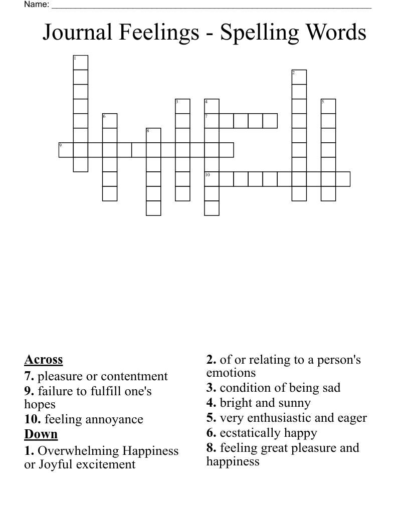 Journal Feelings - Spelling Words Crossword