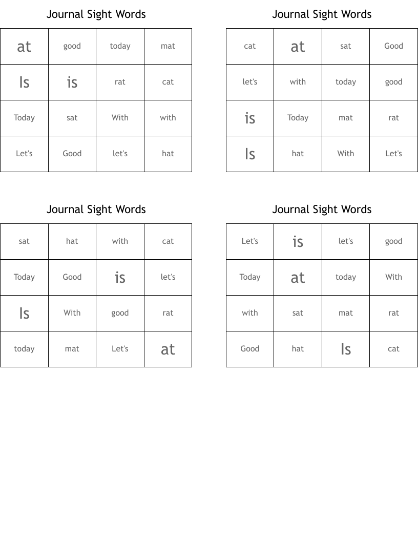 Journal Sight Words Bingo Cards