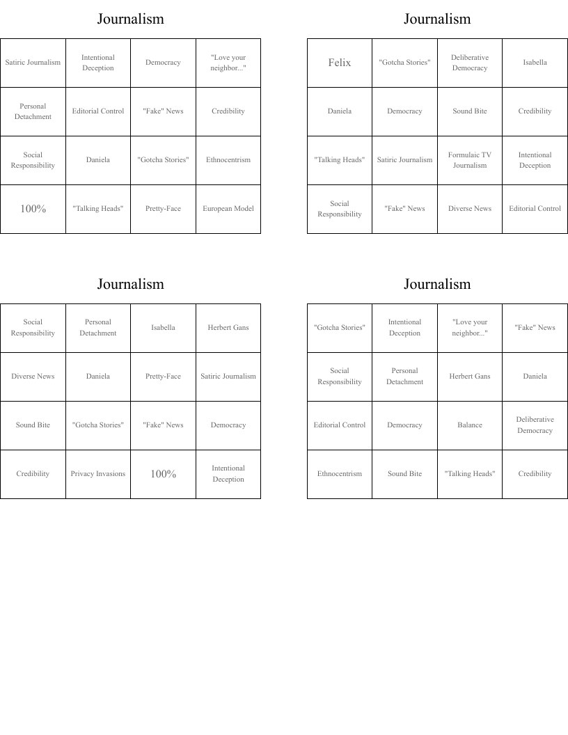 Journalism Bingo Cards