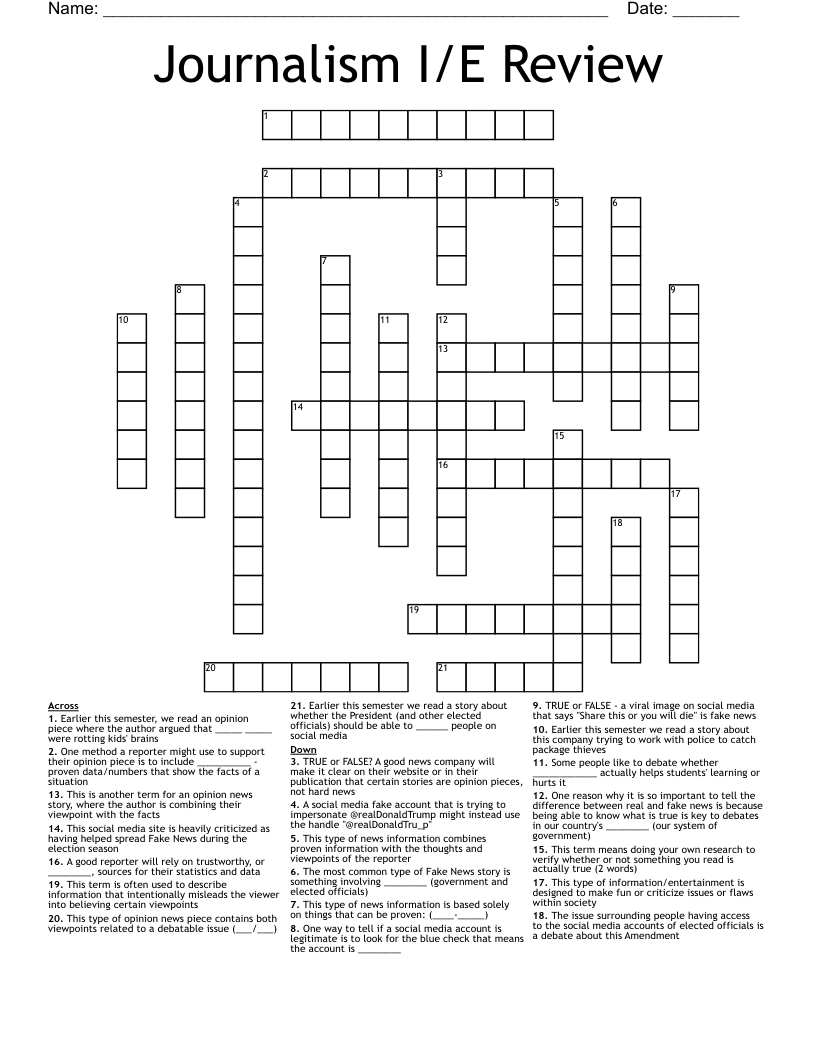 Journalism I/E Review Crossword