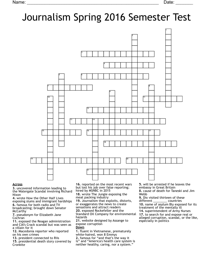 Journalism Spring 2016 Semester Test Crossword