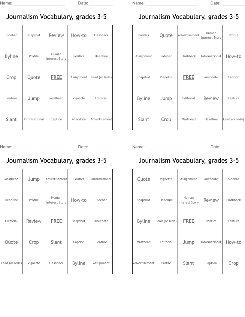 Journalism Vocabulary, grades 3-5 Bingo Cards