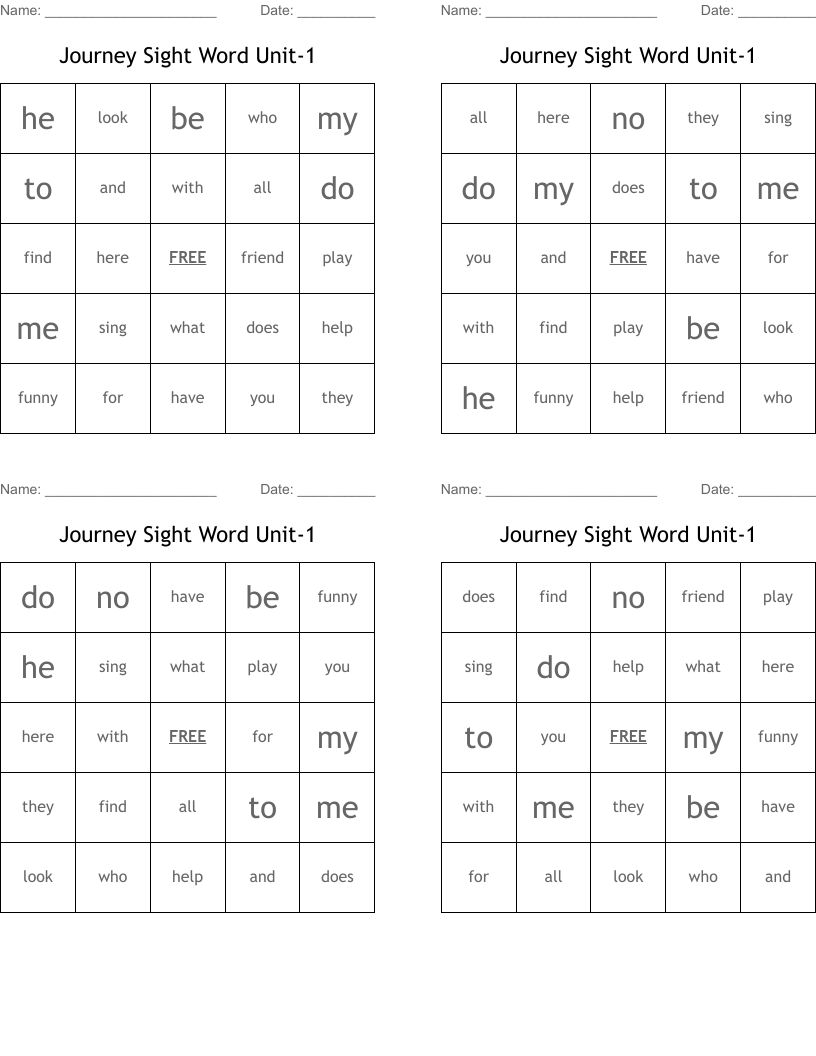 Journey Sight Word Unit-1 Bingo Cards