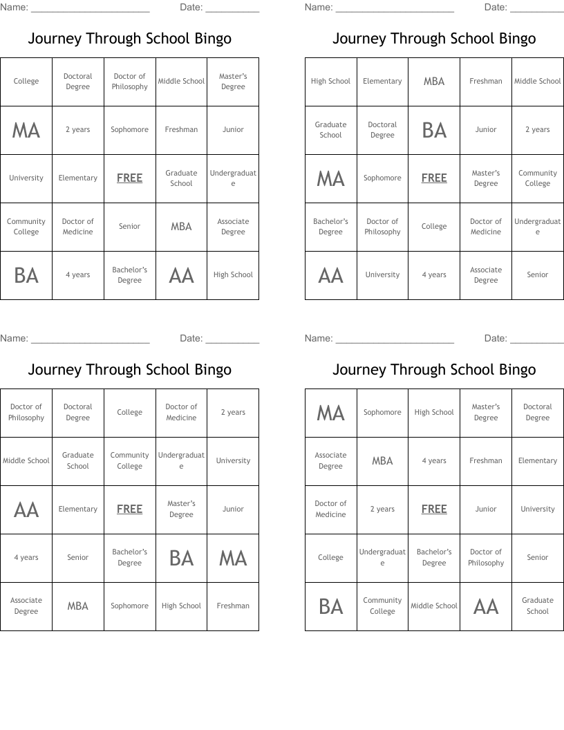 Journey Through School Bingo