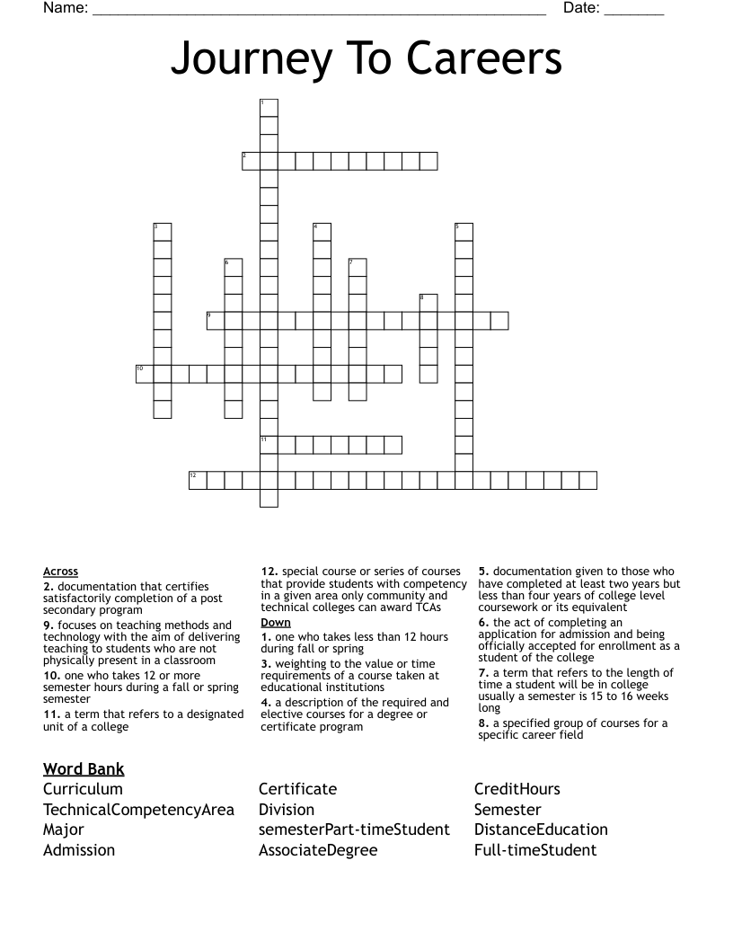 Journey To Careers Crossword