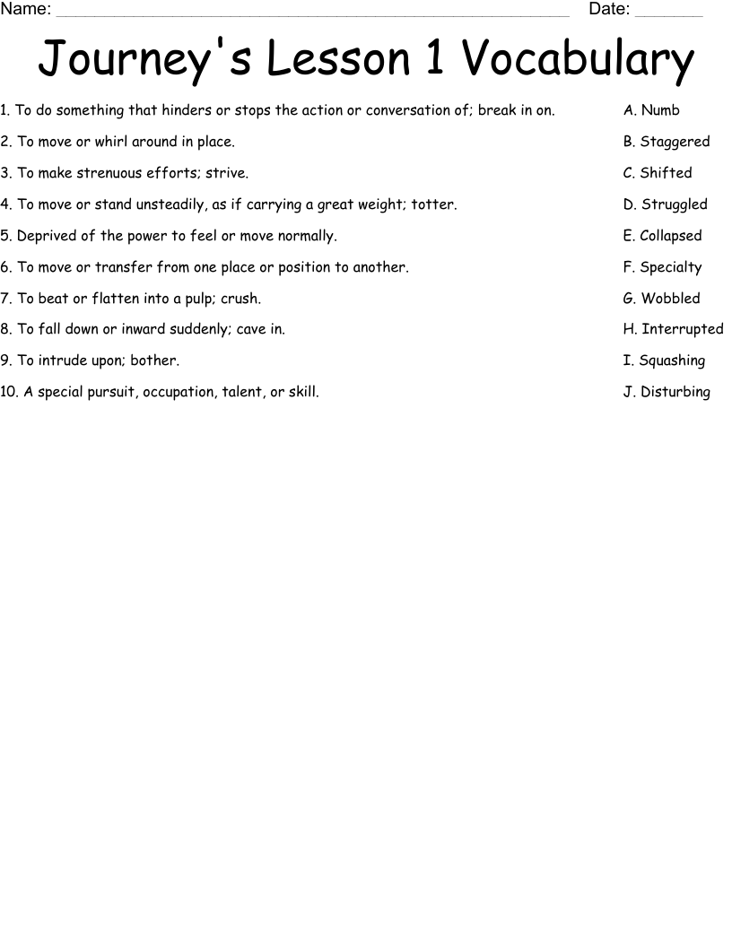 Journey's Lesson 1 Vocabulary Worksheet
