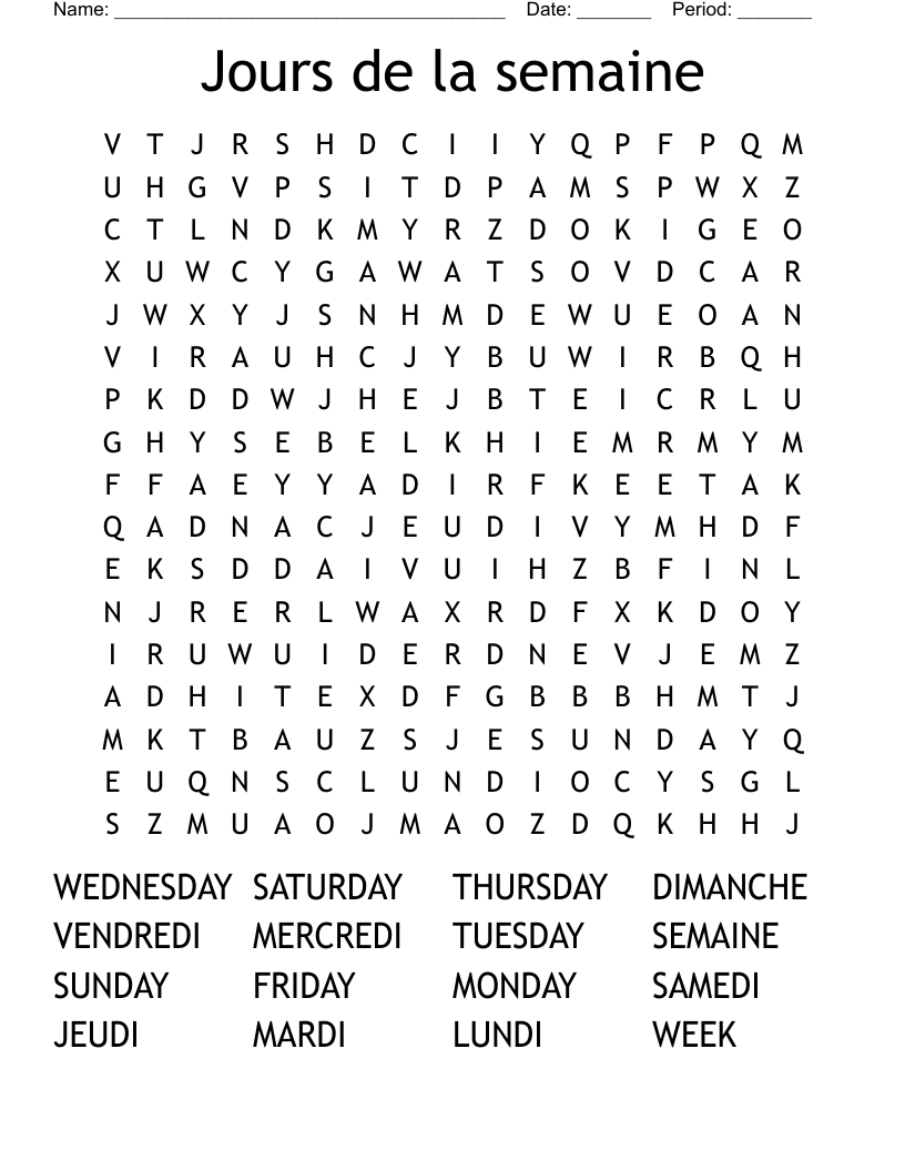 Jours de la semaine Word Search