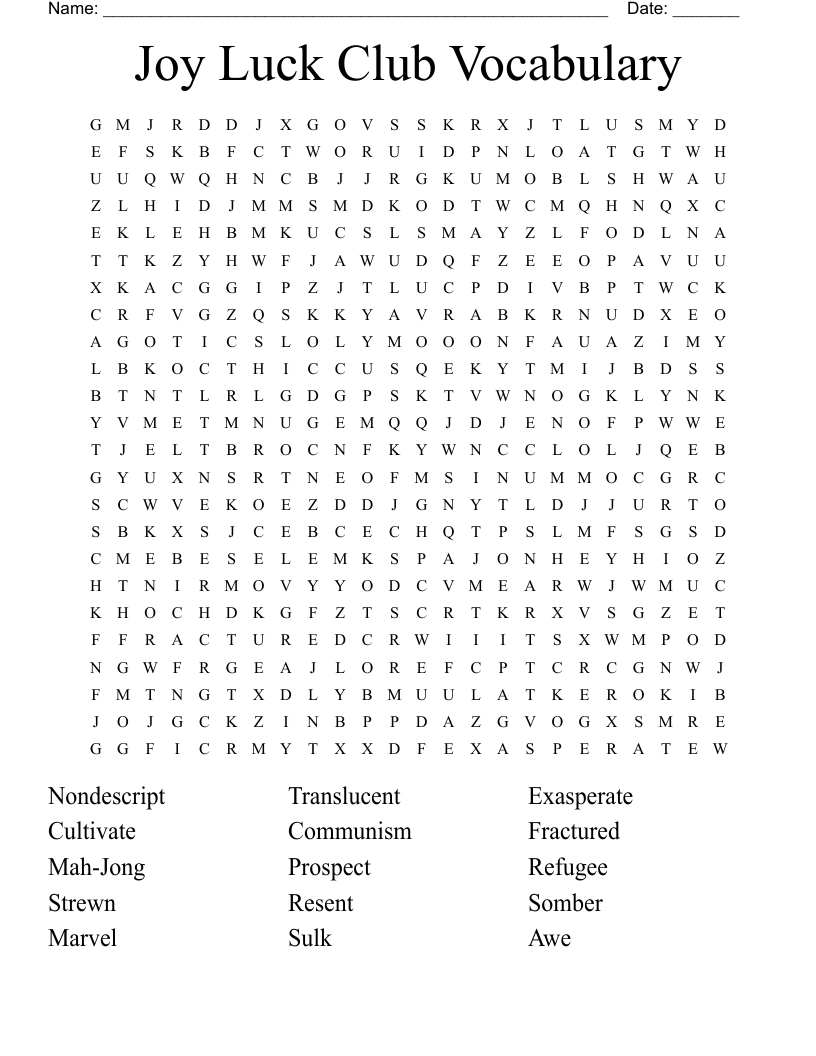 Joy Luck Club Vocabulary Word Search