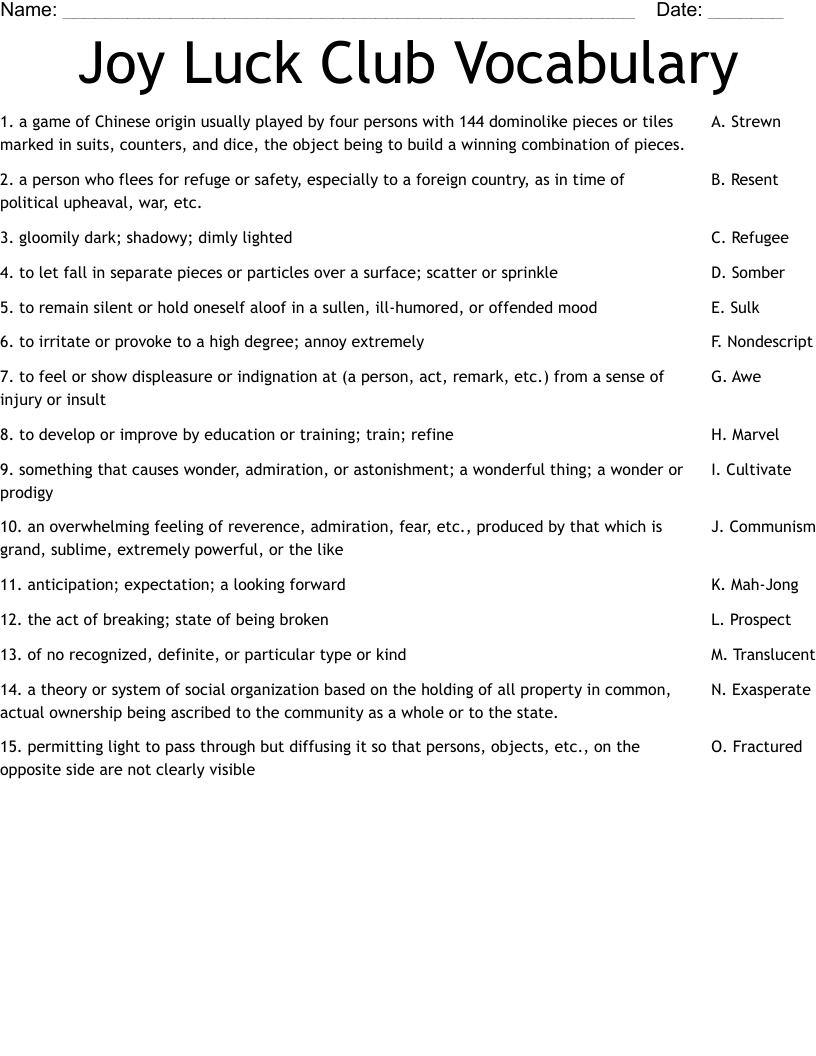 Joy Luck Club Vocabulary  Worksheet
