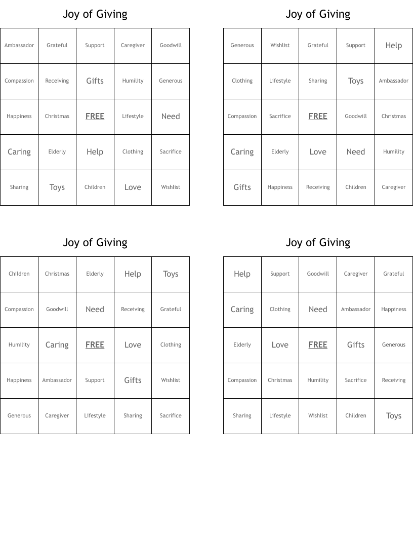 Joy of Giving Bingo Cards