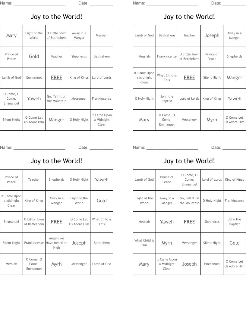 Joy to the World! Bingo Cards