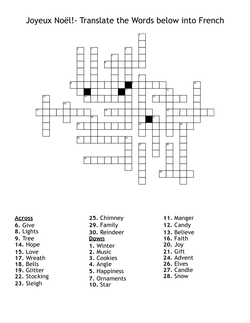 Joyeux Noël!- Translate the Words below into French Crossword