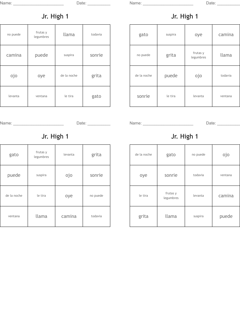 Jr. High 1 Bingo Cards