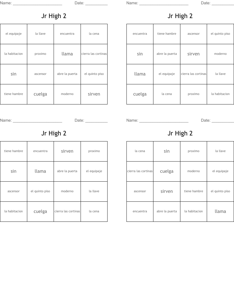 Jr High 2 Bingo Cards