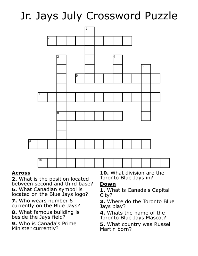 Jr. Jays July Crossword Puzzle