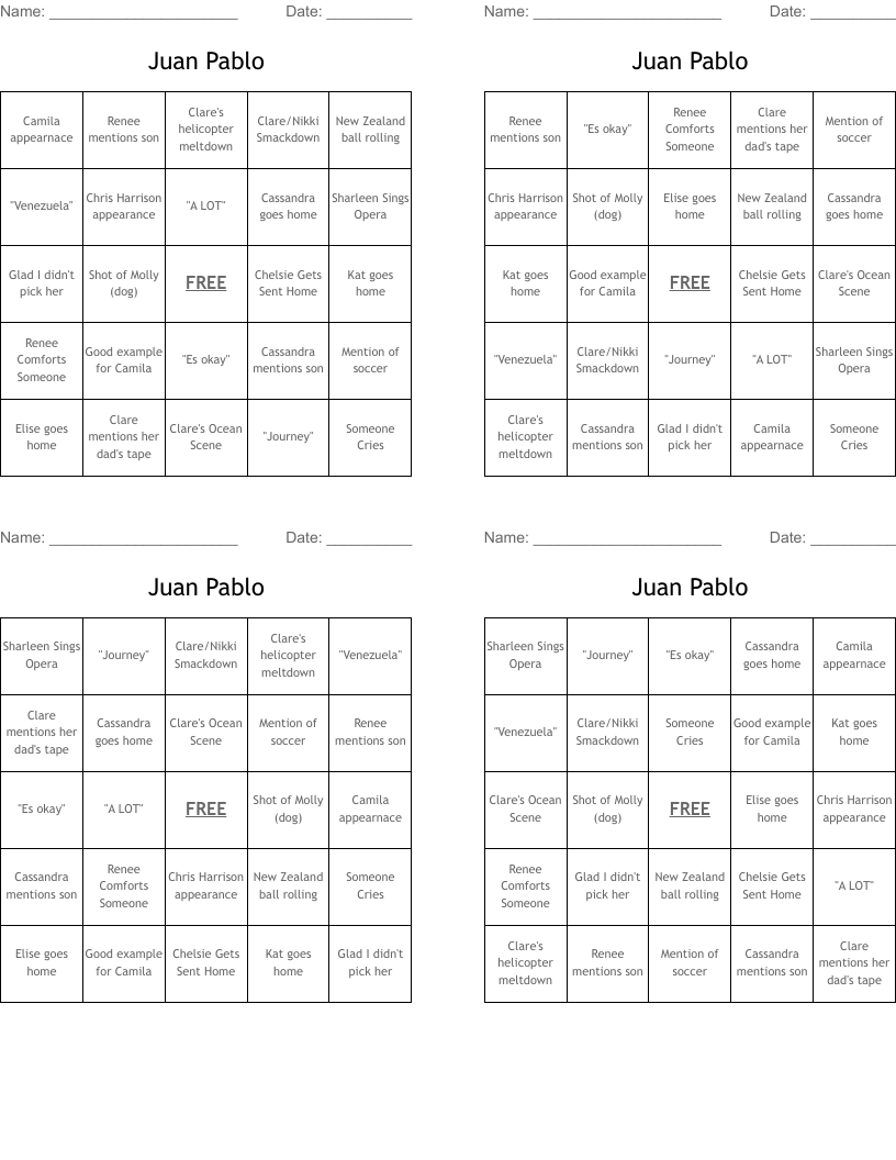 Juan Pablo Bingo Cards