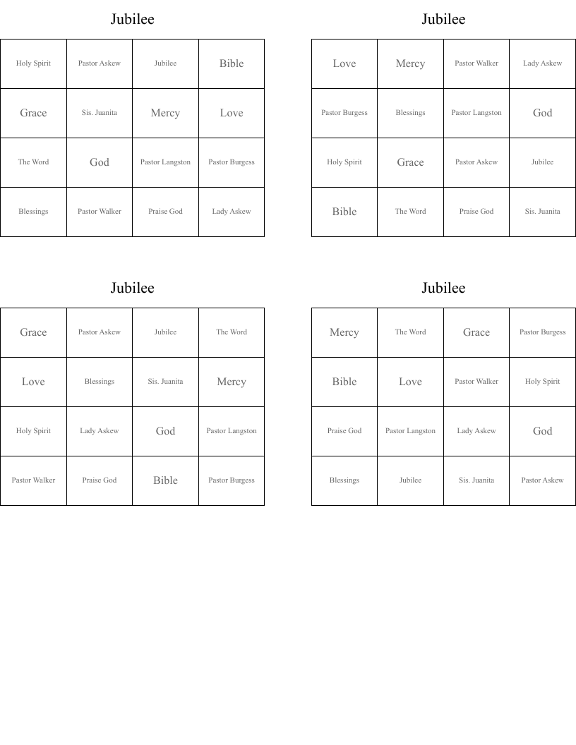 Jubilee  Bingo Cards