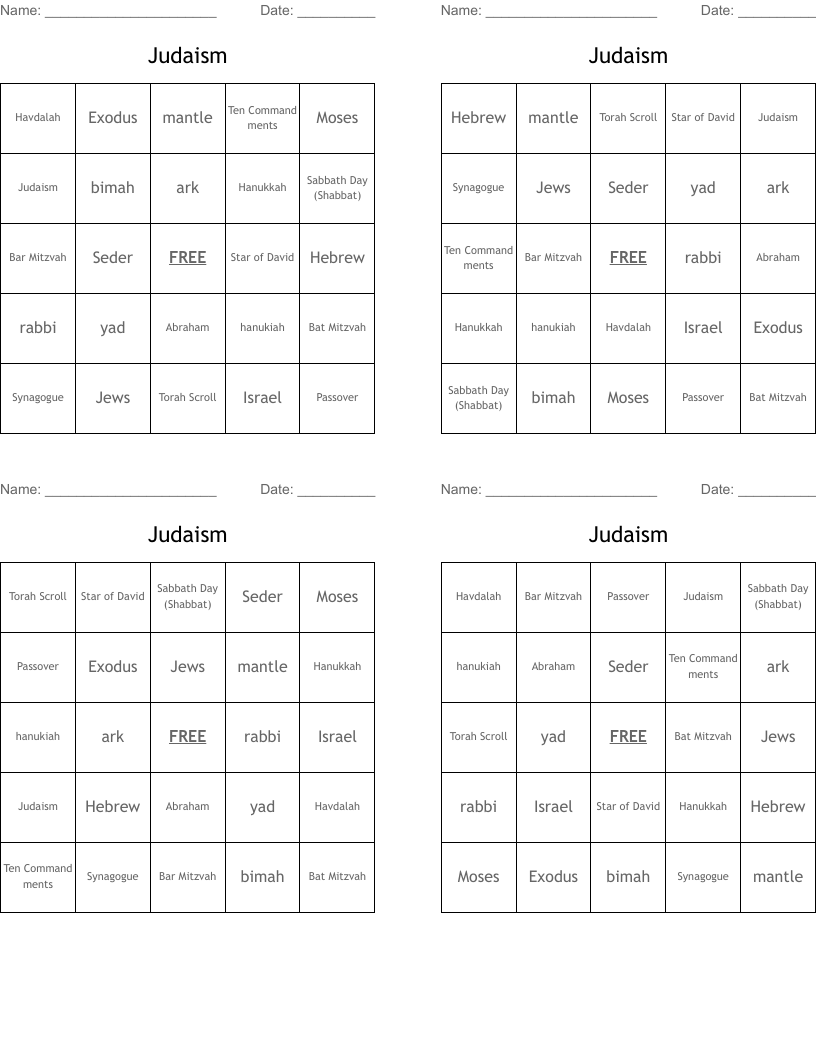 Judaism Bingo Cards