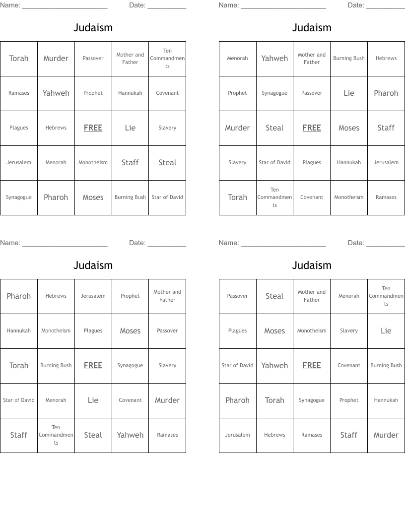 Judaism Bingo Cards