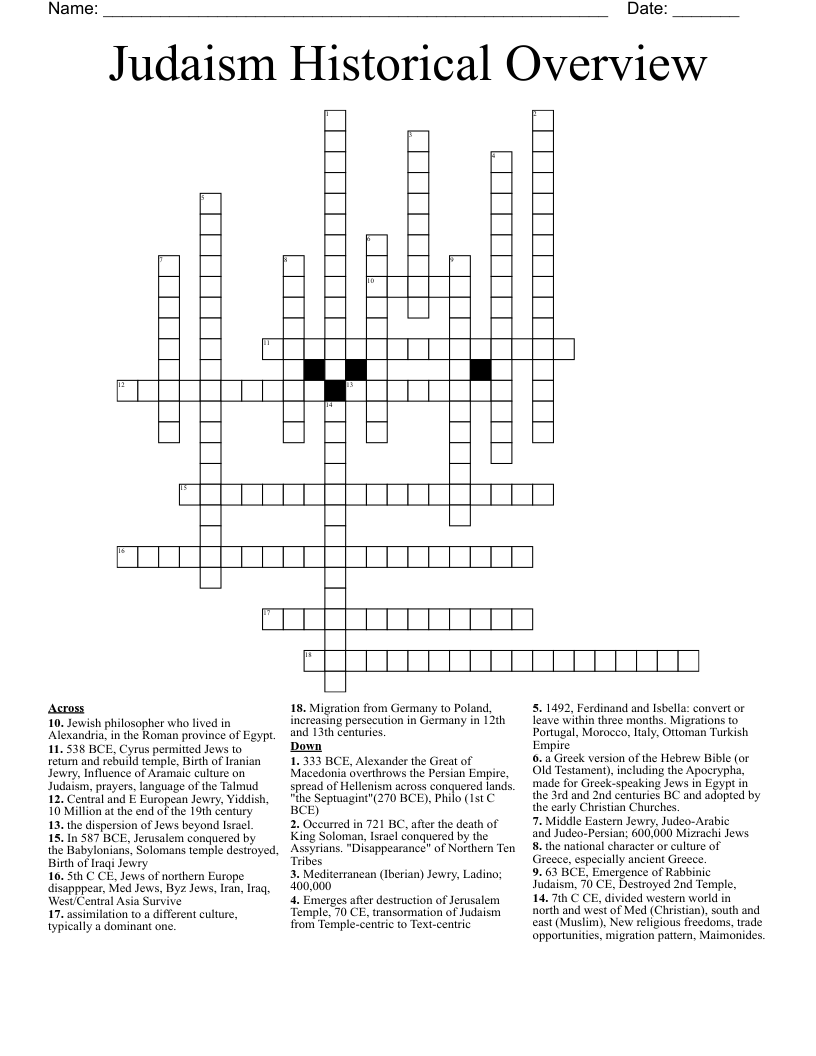 Judaism Historical Overview Crossword