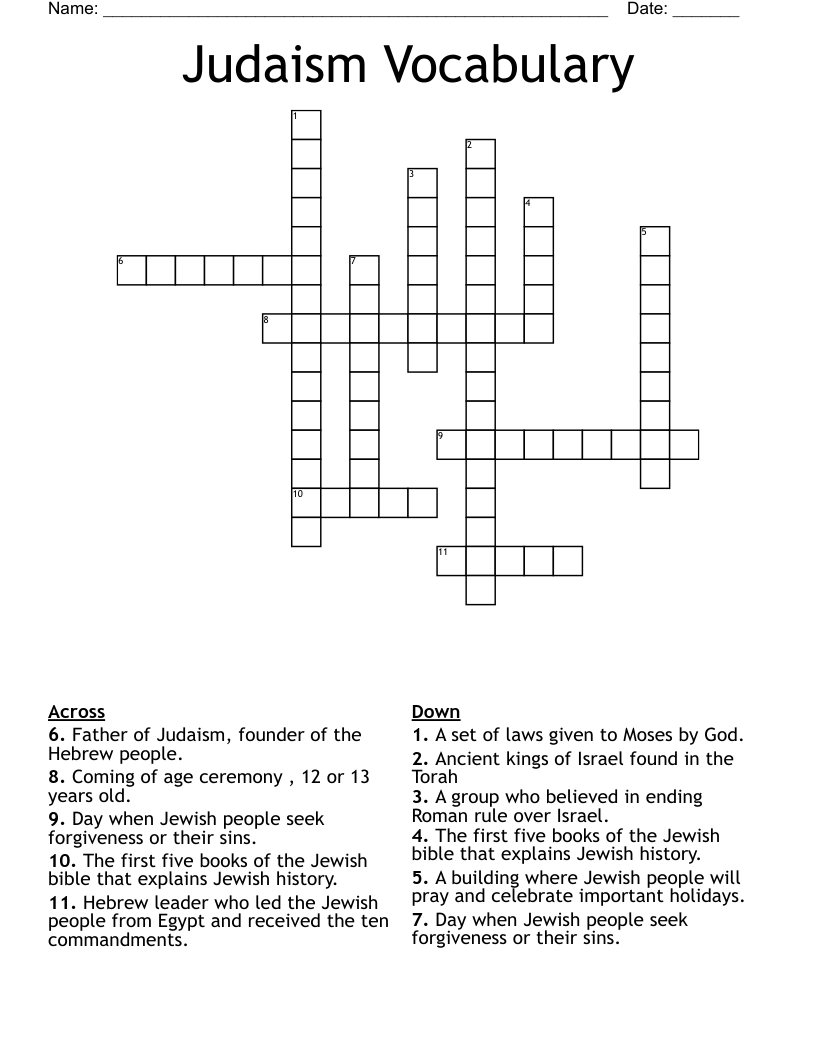 Judaism Vocabulary Crossword