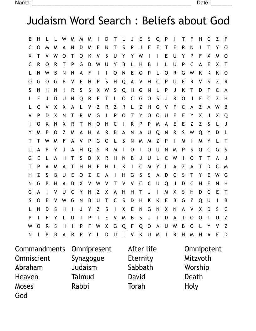 Judaism Word Search : Beliefs about God