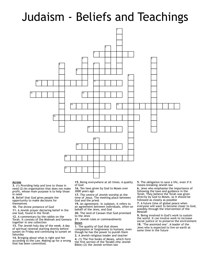 Judaism - Beliefs and Teachings Crossword
