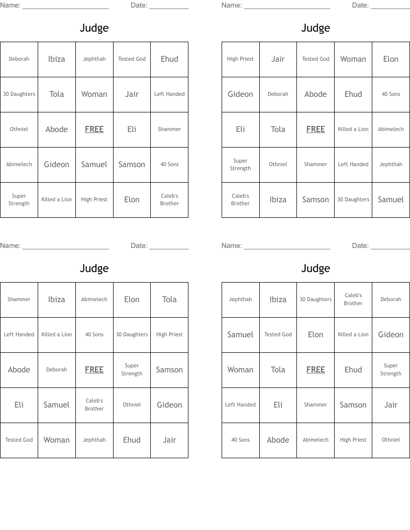 Judge Bingo Cards