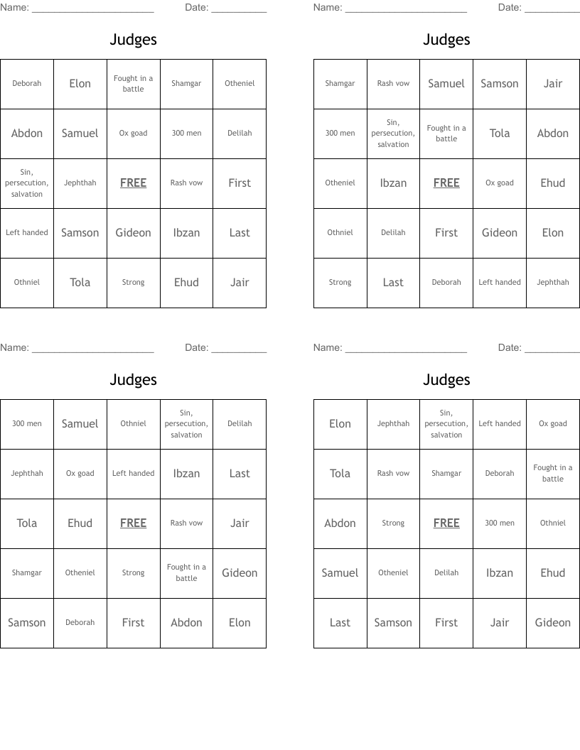 Judges Bingo Cards