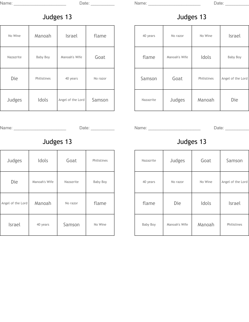 Judges 13 Bingo Cards